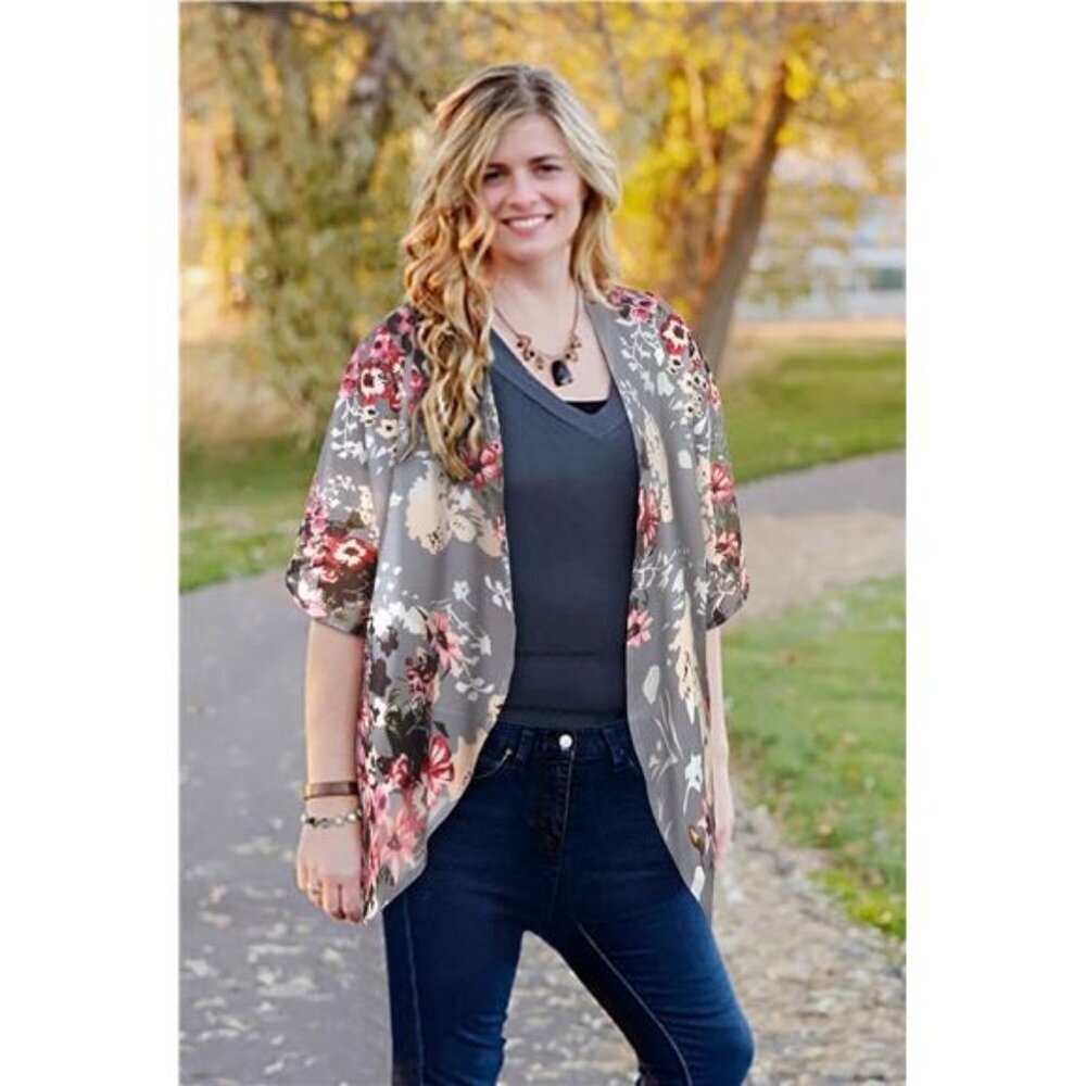 Women's Floral Print Puff Sleeve Kimono Cardigan Loose Cover Up Casual Blouse - Picture 5 of 7